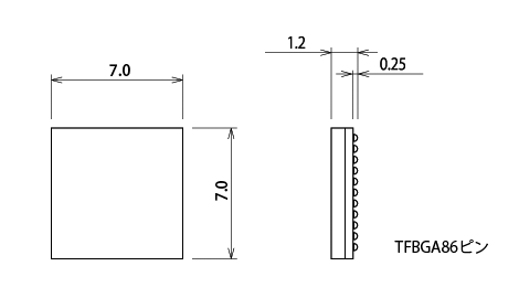 画像：外形寸法：7mm×7mm×1.2mm （TFBGA86 ピン）