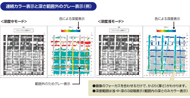 画像：連続カラー表示と深さ範囲外のグレー表示（例）